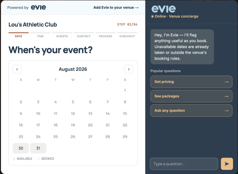 Evie booking widget at Lou's Athletic Club